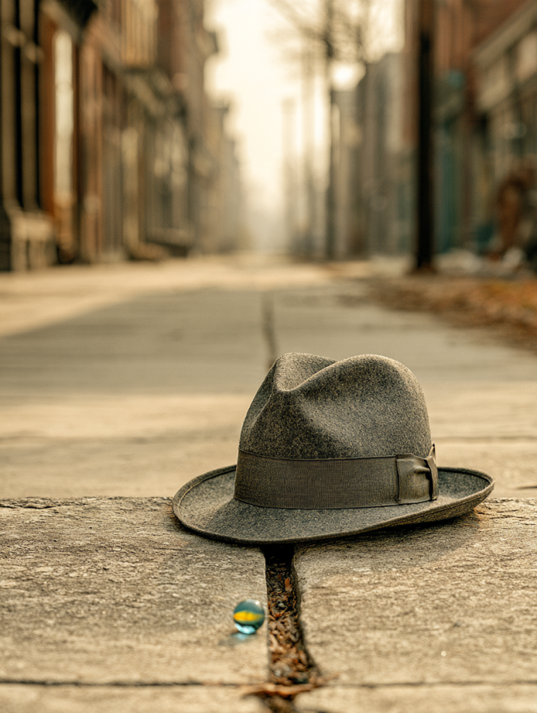 man's hat on sidewalk with blue yellow marble